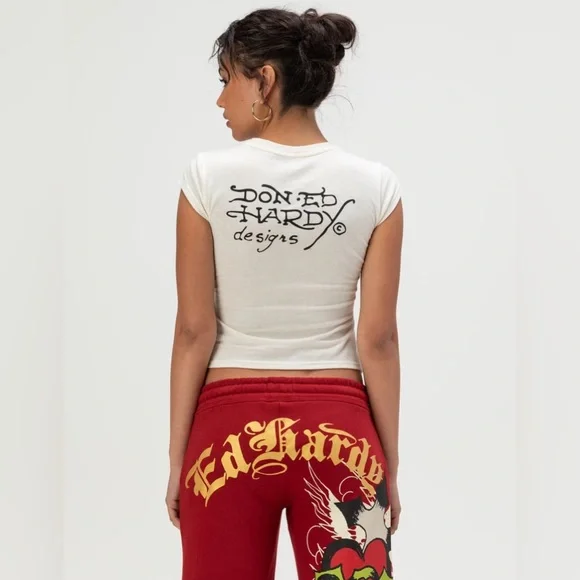 ED HARDY Love Kills Slowly Skull Womens Cap Sleeve Tee Large Ivory NWT - Picture 2 of 10